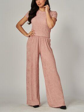 B66 Crinkle Plisse Short Sleeve Wide Leg Pant & Top Set NEW - Pink Pearl